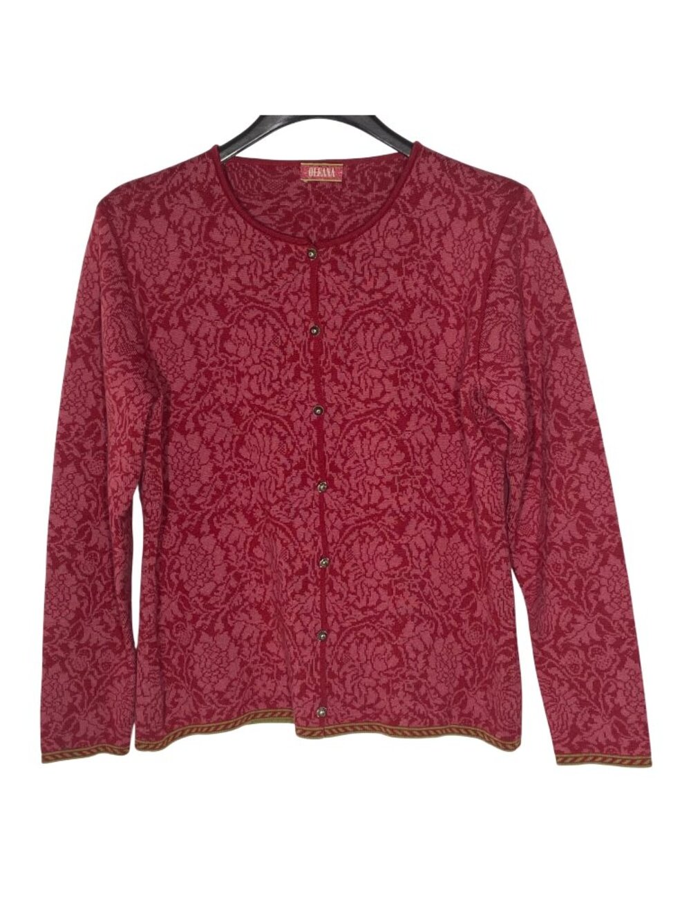 Oleana Floral Rose Jacquard Cardigan Sweater Sz MED Silk Wool